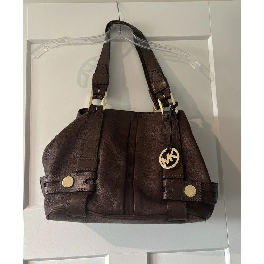 Michael Kors Harness Grab Bag Dark Brown Mocha Pebble Leather Purse Handbag